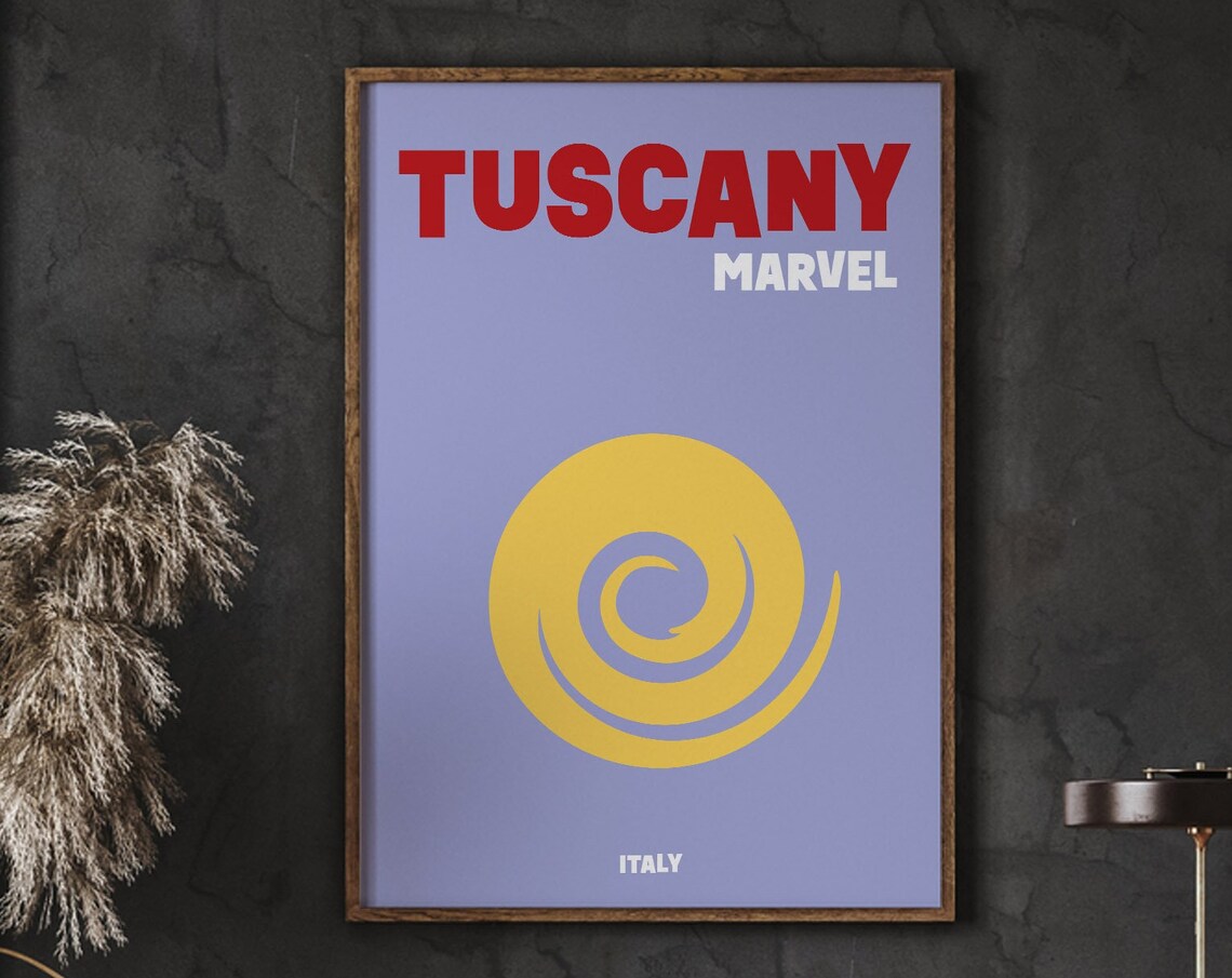 Tuscany Italy Minimalist Yellow Sun Swirl Retro Travel Poster