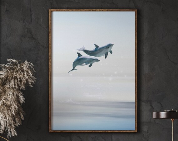 Two Dolphins Leaping Over Calm Ocean Waves Serene Marine Life Poster