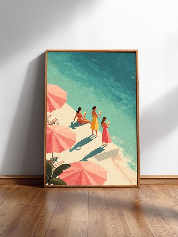 Pink Umbrella Beach Day Illustration Poster with Turquoise Sea and Women