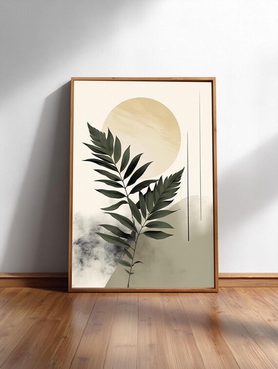 Bamboo Leaf Ink Botanical Poster with Gold Sun in Minimal Japandi Style