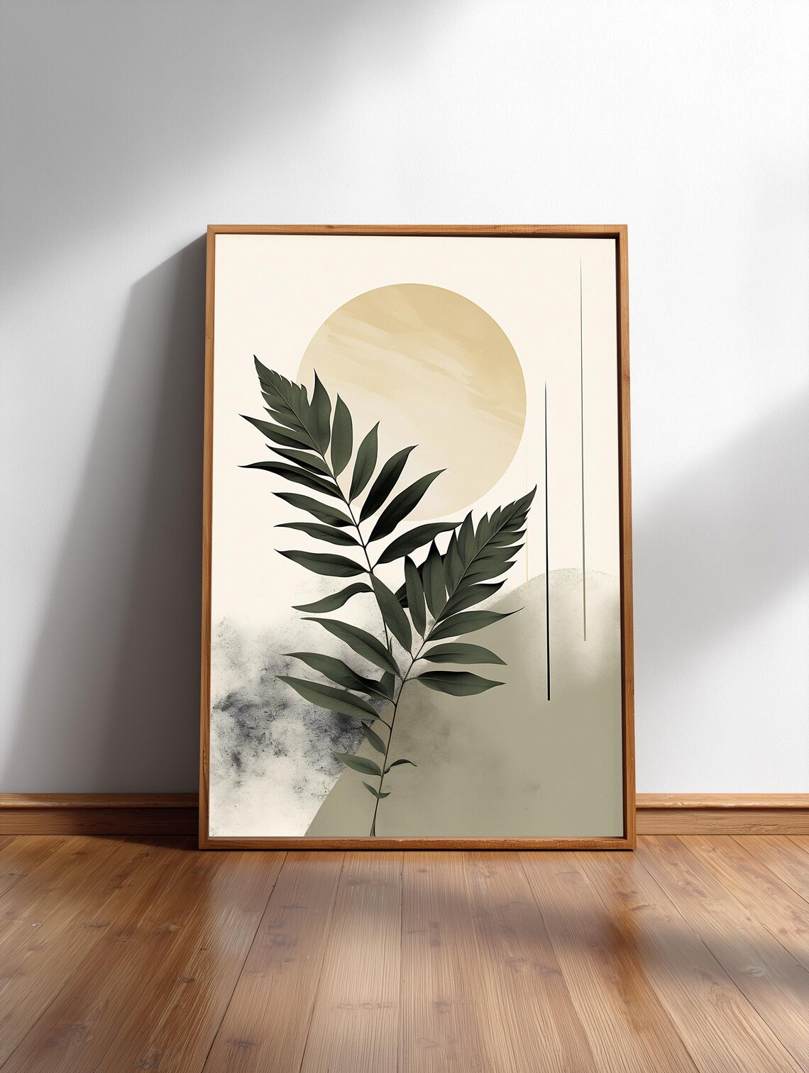 Bamboo Leaf Ink Botanical Poster with Gold Sun in Minimal Japandi Style