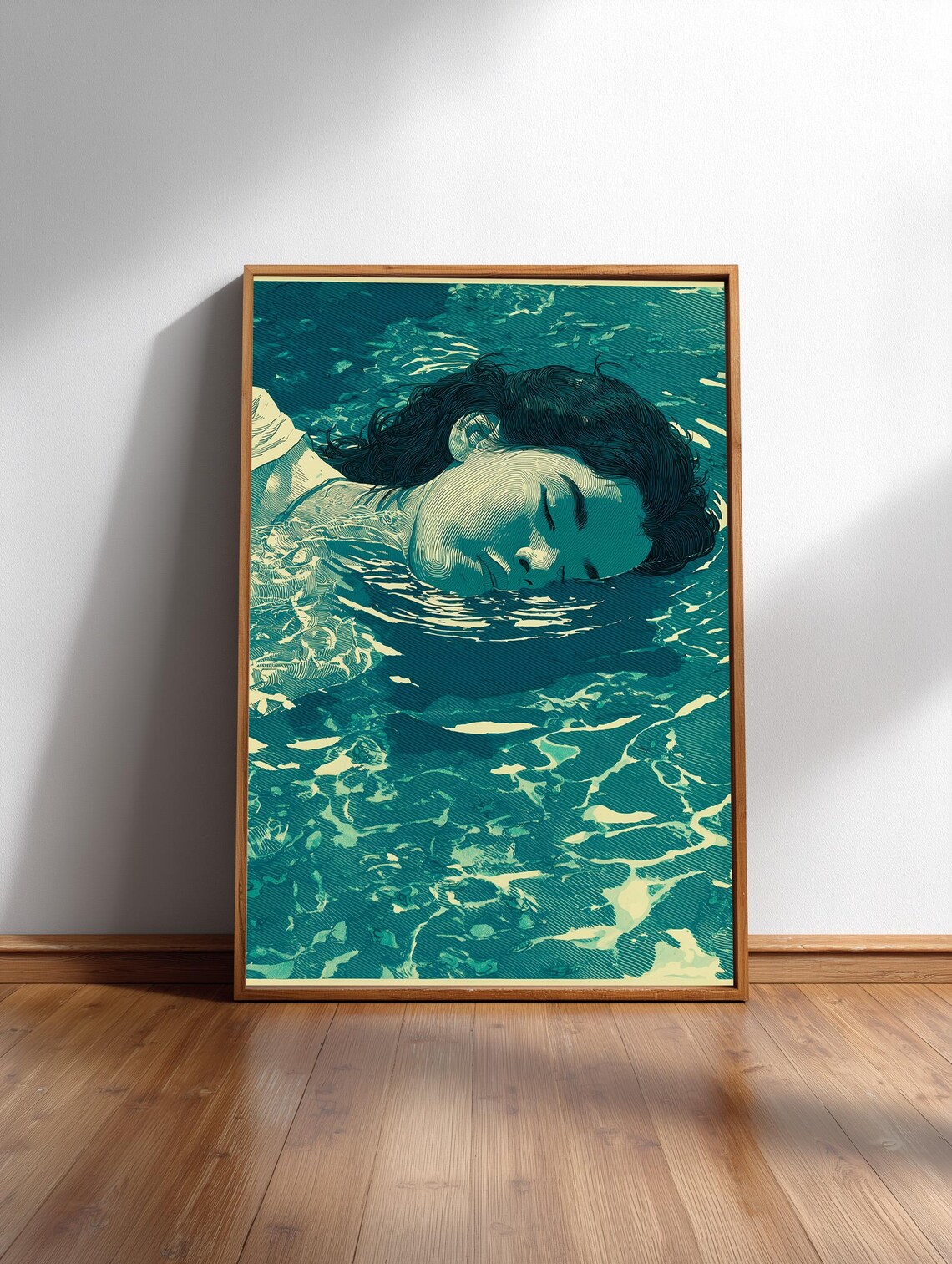Woman Floating in Teal Water Art Poster with Serene Woodcut Style Lines