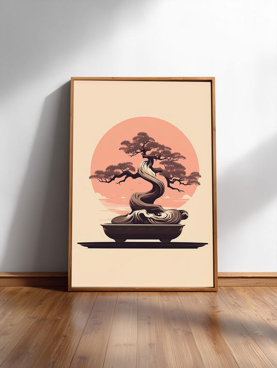 Bonsai Japandi Art Print Minimal Tree Silhouette With Warm Sun