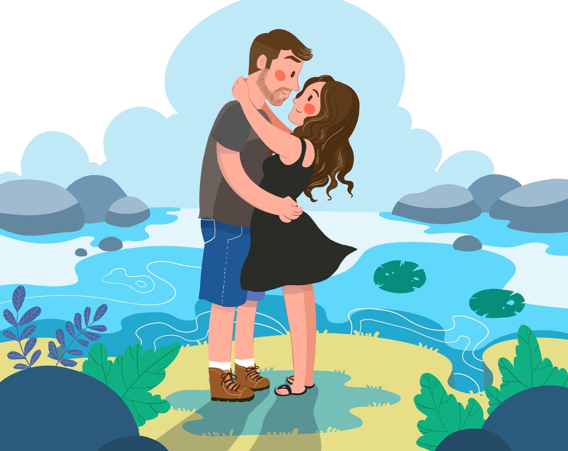 Romantic Couple Embracing by the Tranquil Blue Lagoon Poster