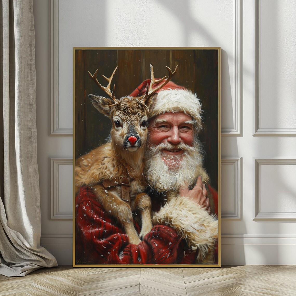 Santa and Rudolph Vintage Holiday Art Print