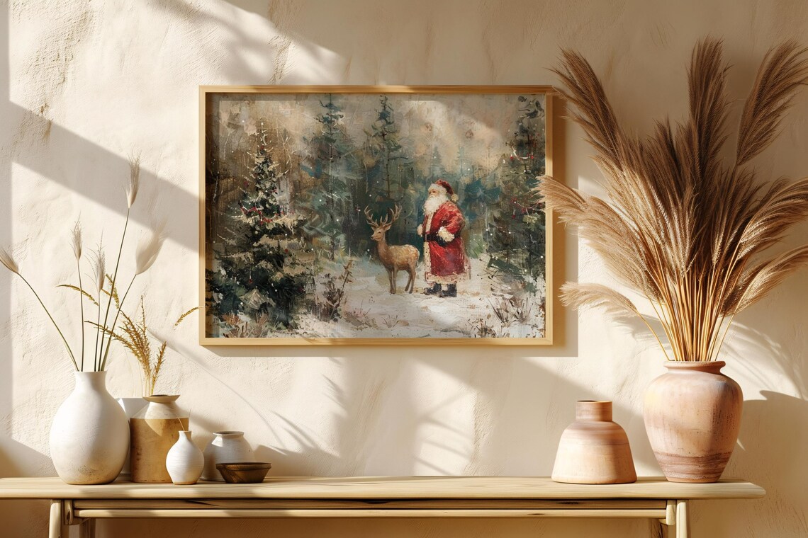 Santa Claus And Reindeer Poster Snowy Forest Vintage Neutral Holiday