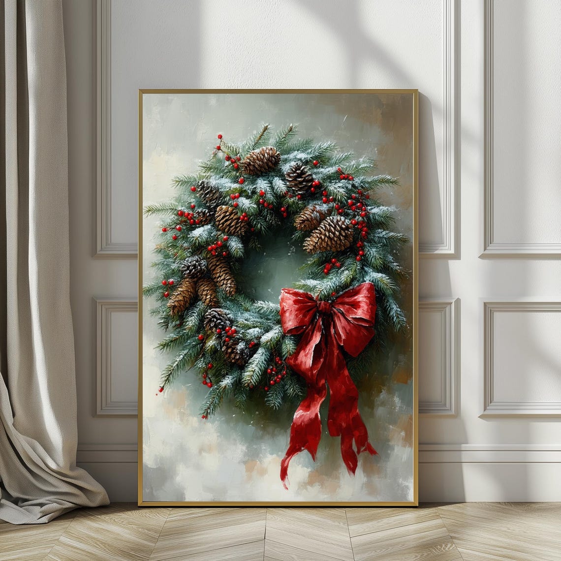 Christmas Wreath with Pinecones Red Bow Snowy Holiday Art Poster