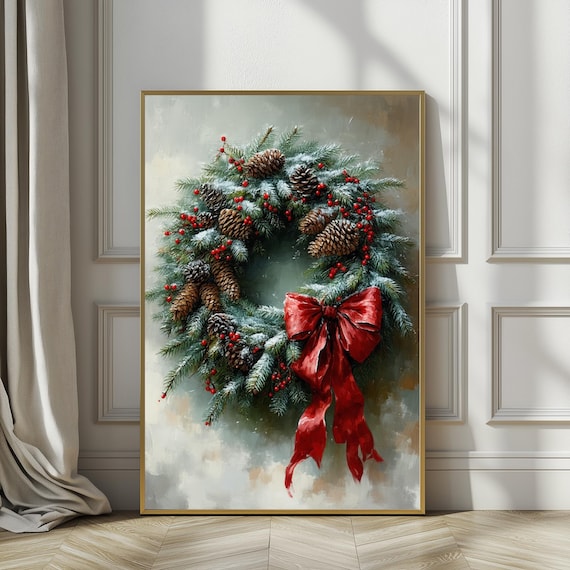 Christmas Wreath with Pinecones Red Bow Snowy Holiday Art Poster