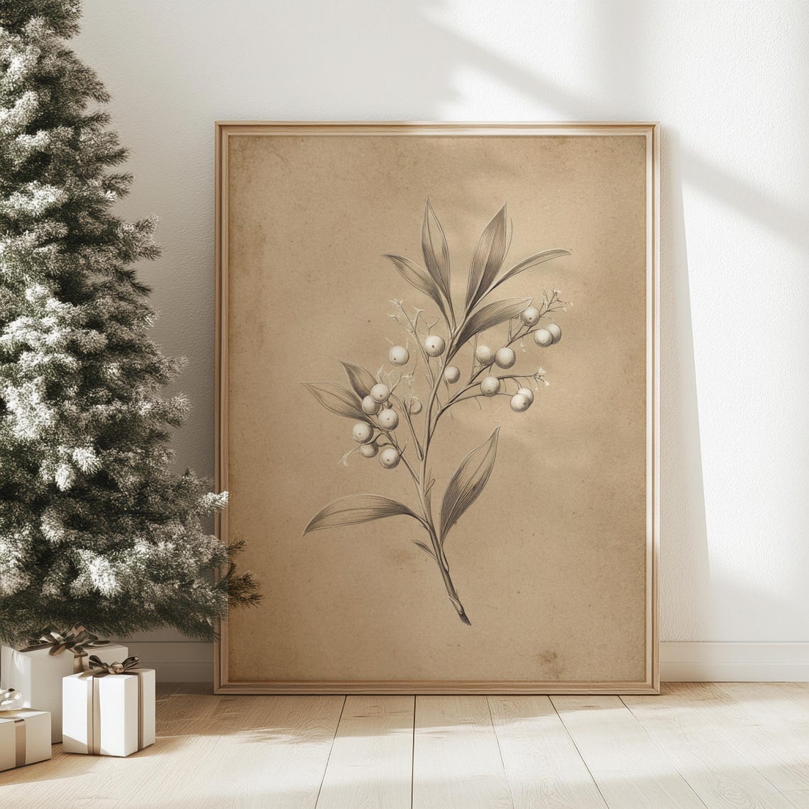 Vintage Berry Branch Botanical Sketch Kraft Paper Illustration Poster