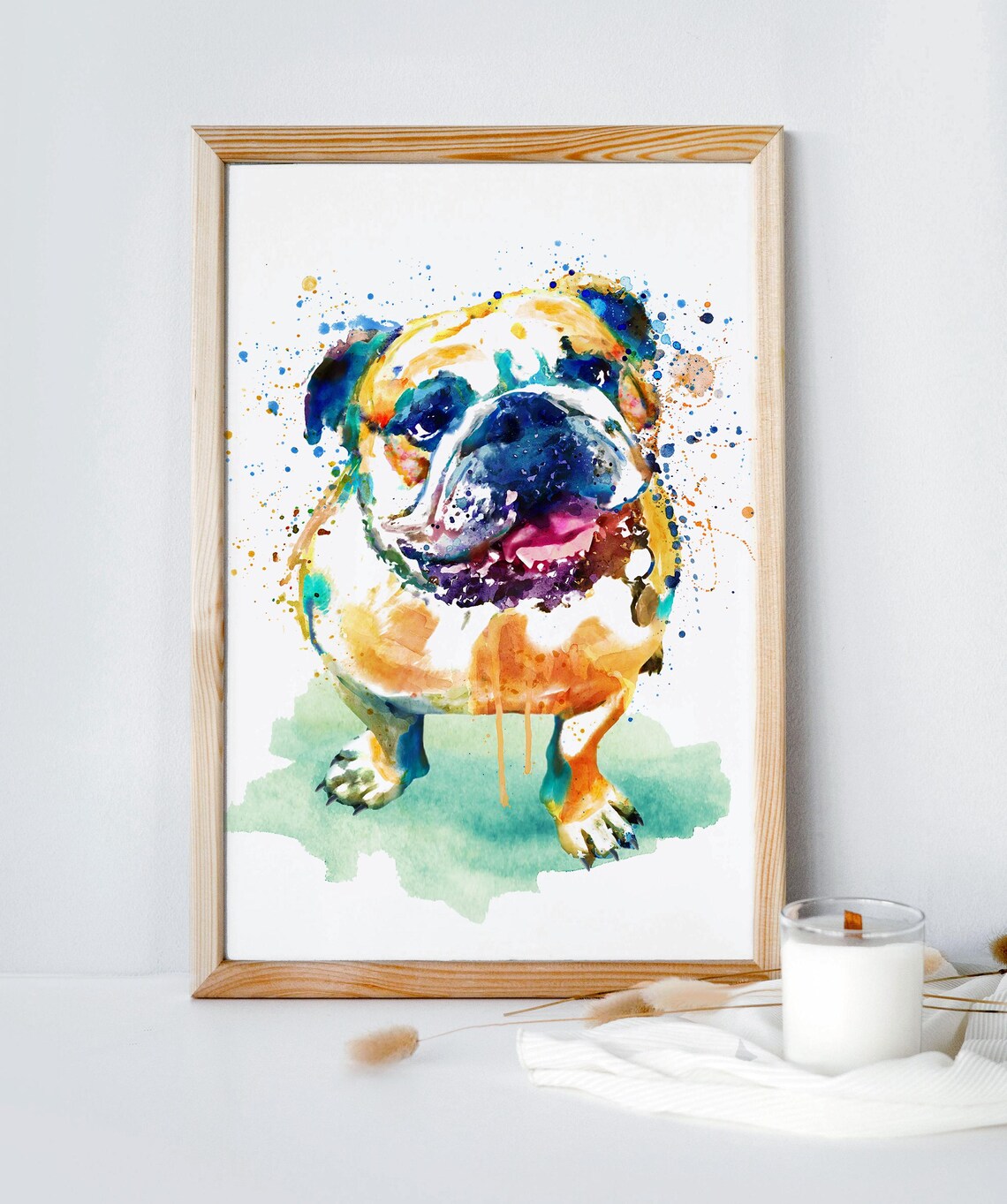 Happy Watercolor Bulldog Splash Art Dog Lover Gift Poster for Dining Room Decor