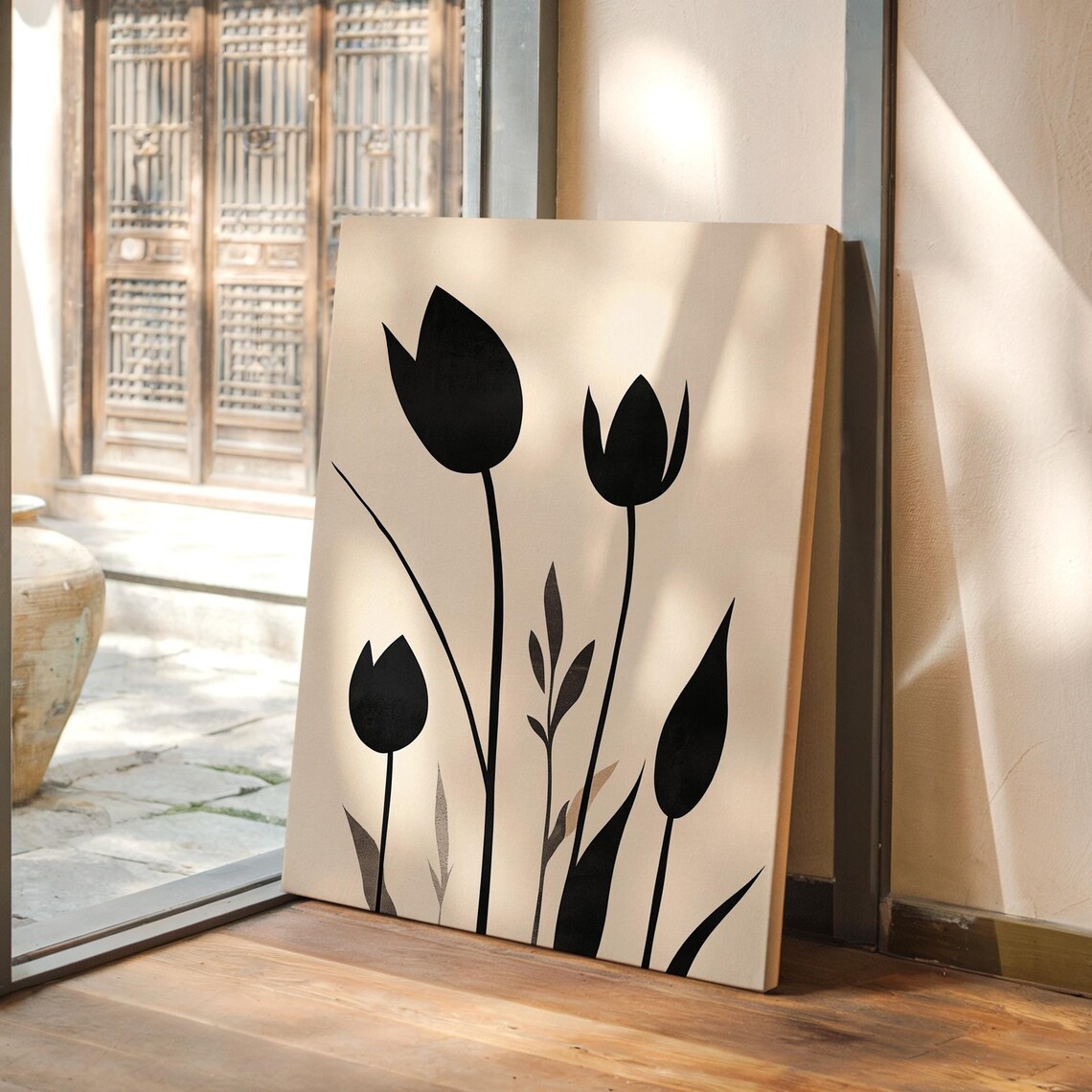 Minimalist Black Tulip Silhouette, Floral Decor
