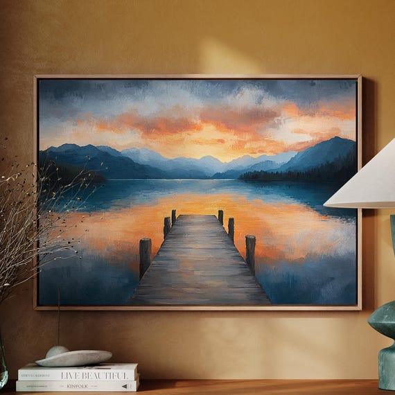 Serene Lakeside Sunset With Mountain Reflections Wall Art Print Peaceful Nature Landscape Painting For Wall Decor