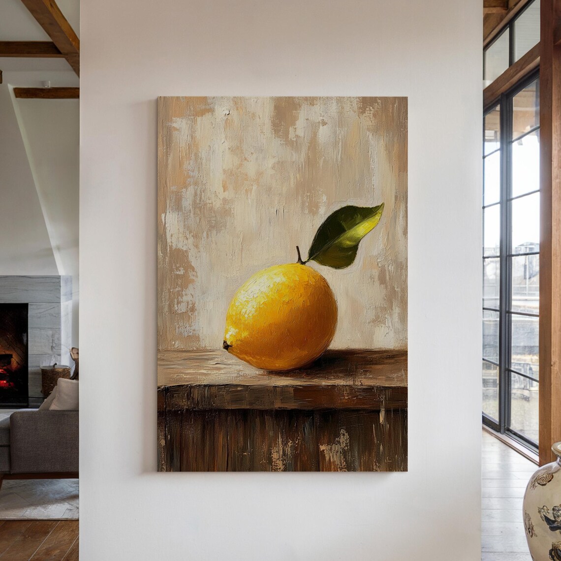 Rustic Lemon Still Life Painting, Kitchen Wall Art