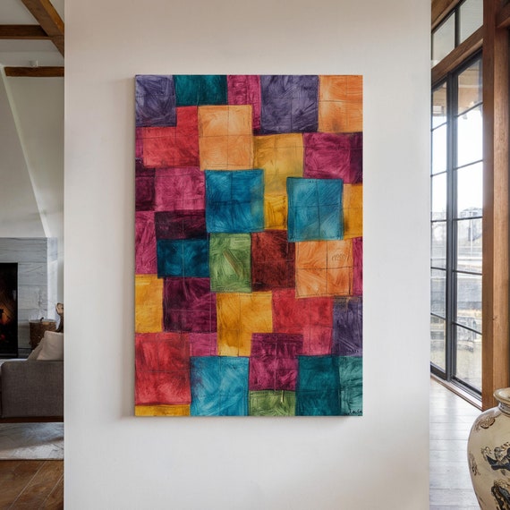 Bold Abstract Artwork Featuring Vibrant Geometric Squares In Blue Red Orange And Green Tones With Textured Brushstrokes