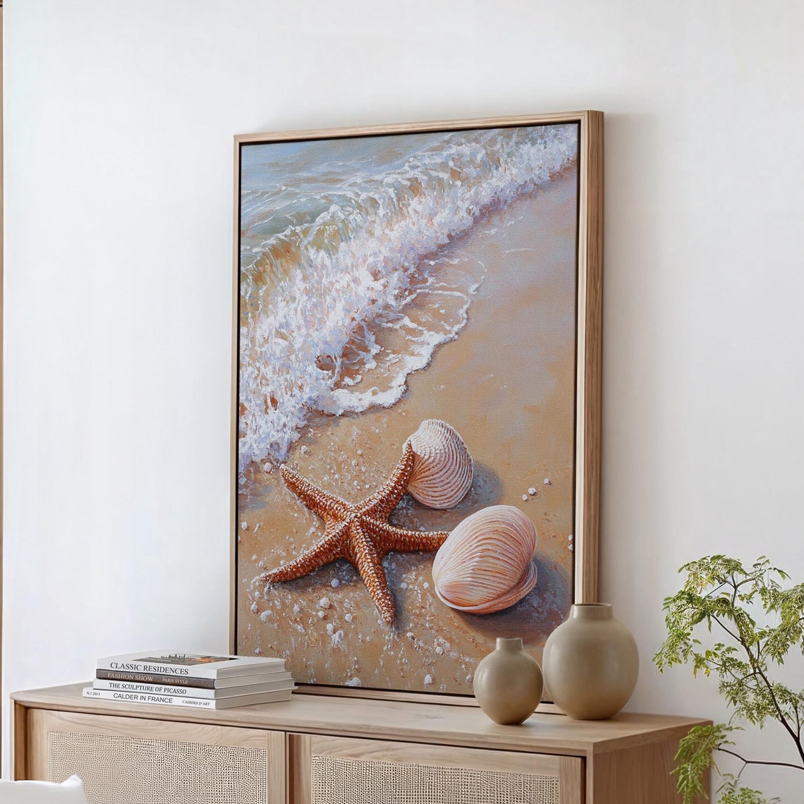 Starfish And Seashells Shoreline Waves Calm Coastal Ocean Print
