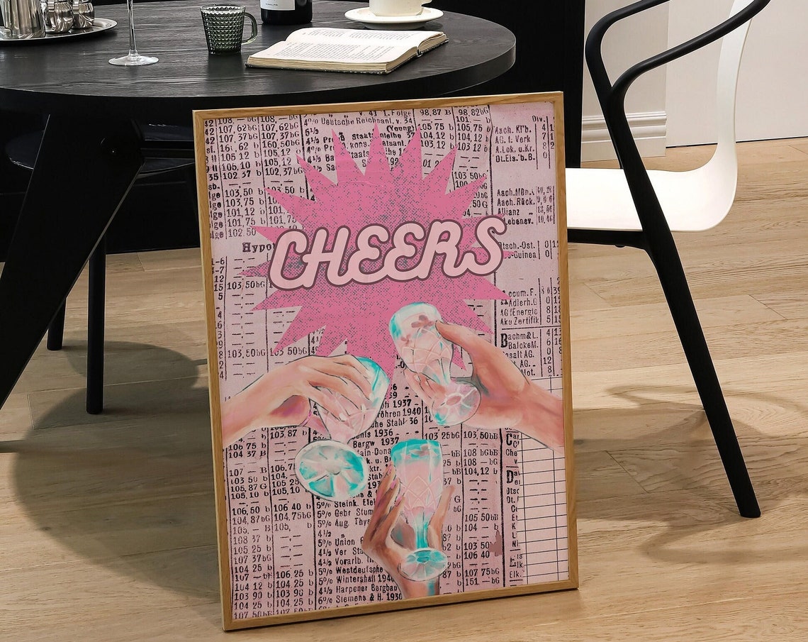 Cheers Retro Newspaper Cocktail Glasses Pink Bar Cart Poster