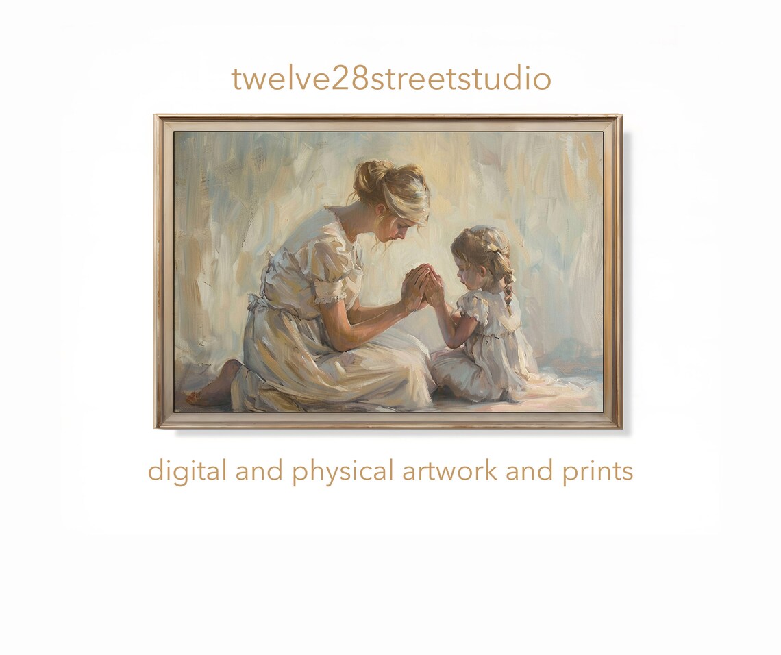 Mother and Daughter Praying Together White Gowns Soft Oil Painting Art Poster