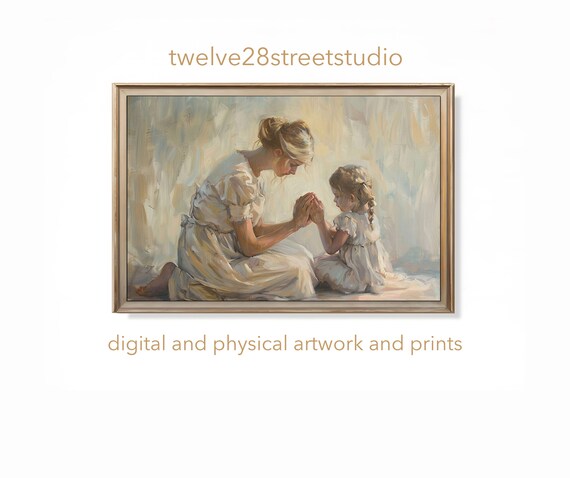 Mother and Daughter Praying Together White Gowns Soft Oil Painting Art Poster