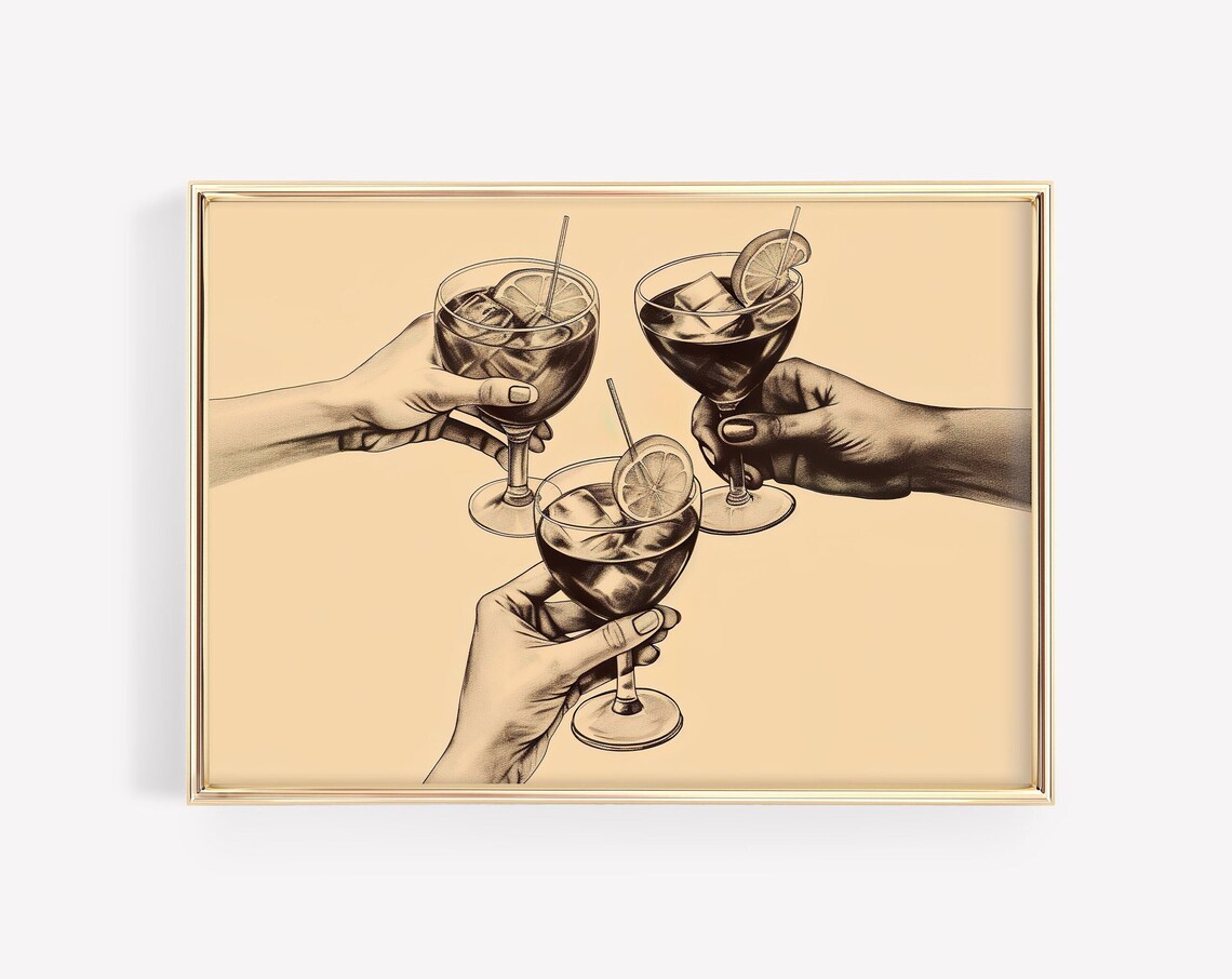 Sepia Hands Clinking Dark Cocktails With Lime Retro Bar Poster
