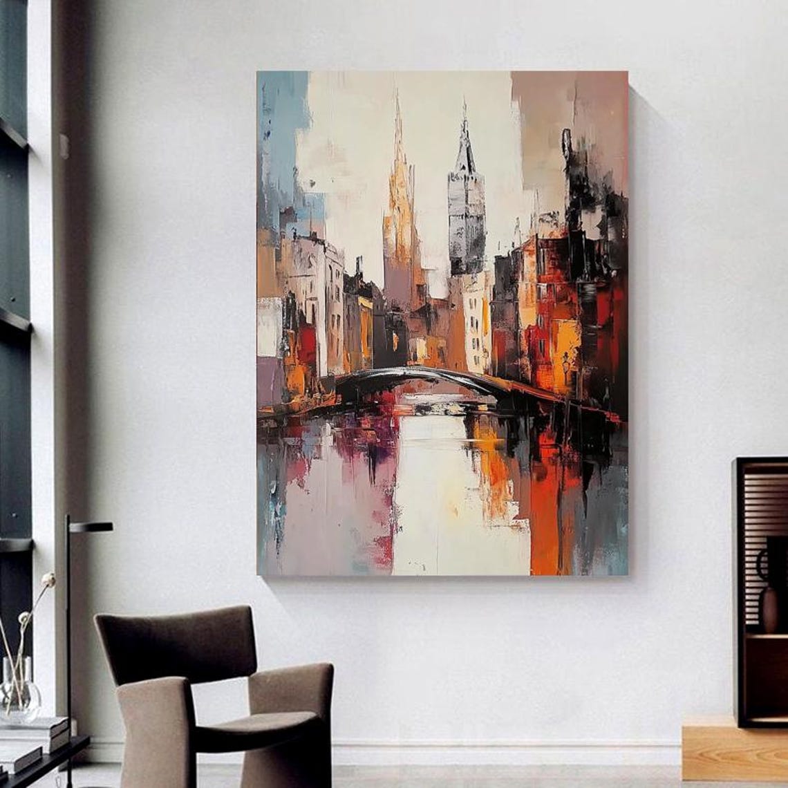Old Canal City With a Stone Bridge in Warm Sunset Tones Poster - Image 2
