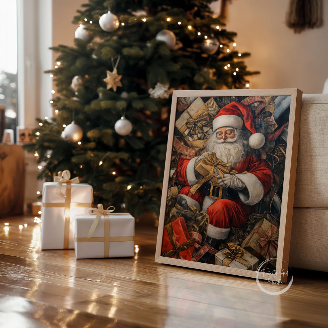 Antique Santa Claus With Christmas Gifts Vintage Holiday Wall Art - Image 4