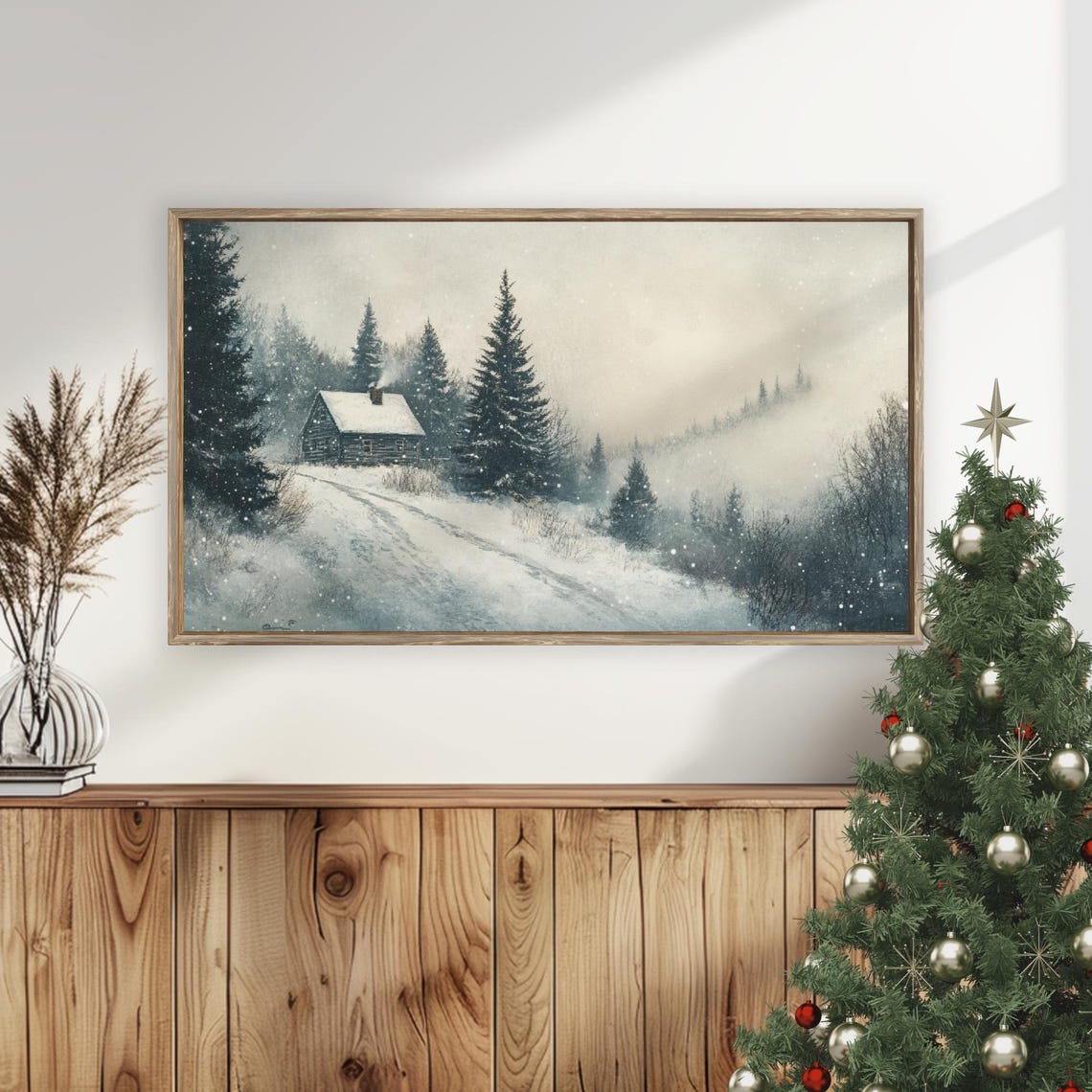 Vintage Winter Log Cabin Pines Falling Snow Landscape Poster - Image 4