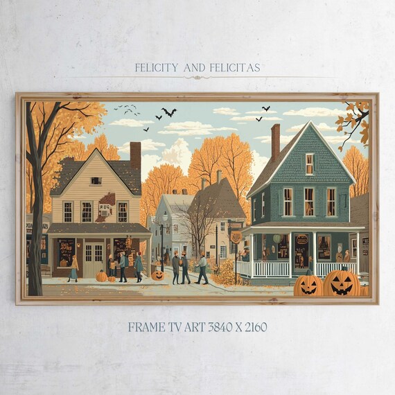 Halloween Main Street with Shops Pumpkins and Bats Autumn Poster