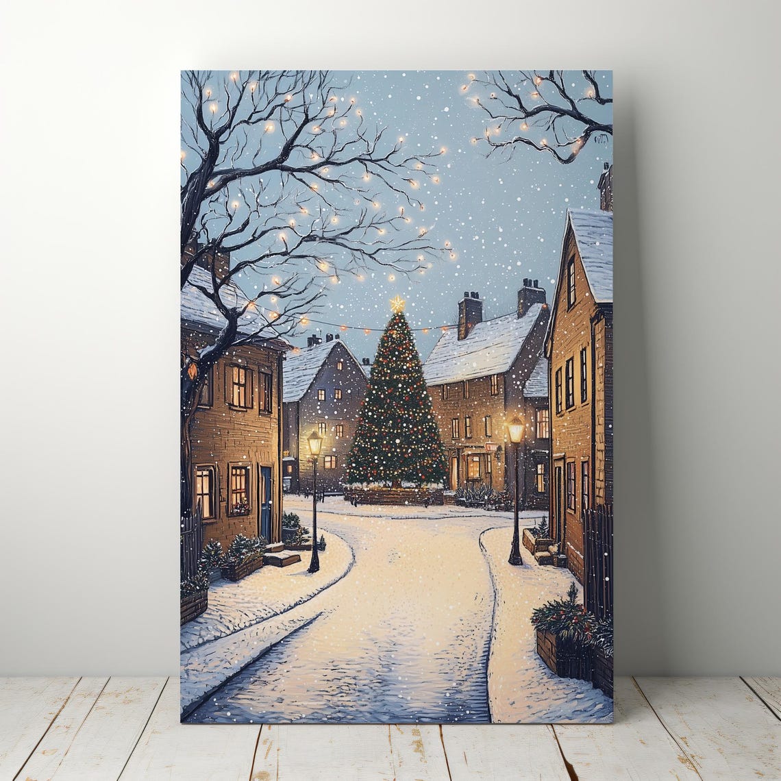 Snowy Christmas Village Street Night Tree Lamps Cozy Town Poster - Image 4