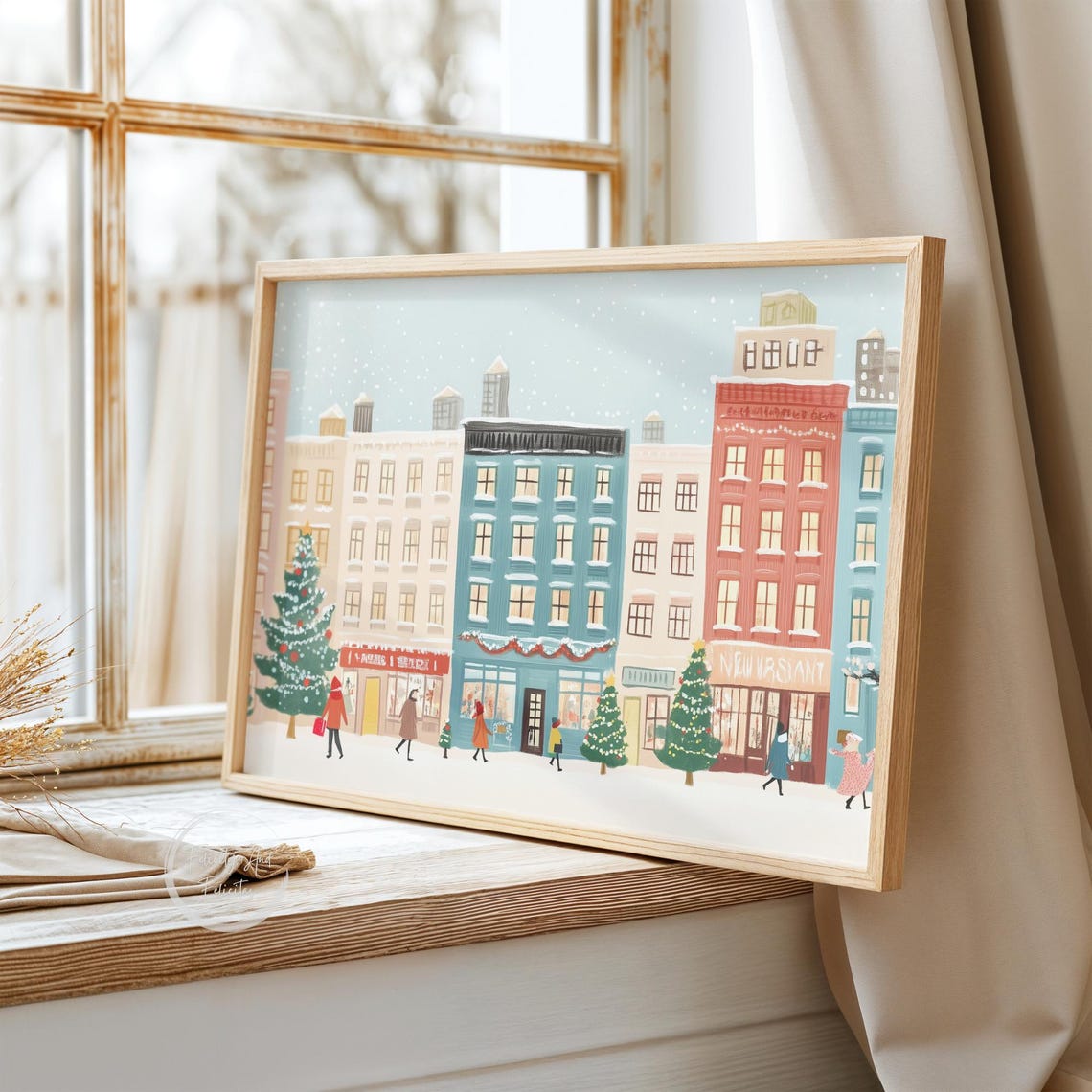 Pastel City Buildings Winter Holiday Shops Christmas Trees Poster - Image 3