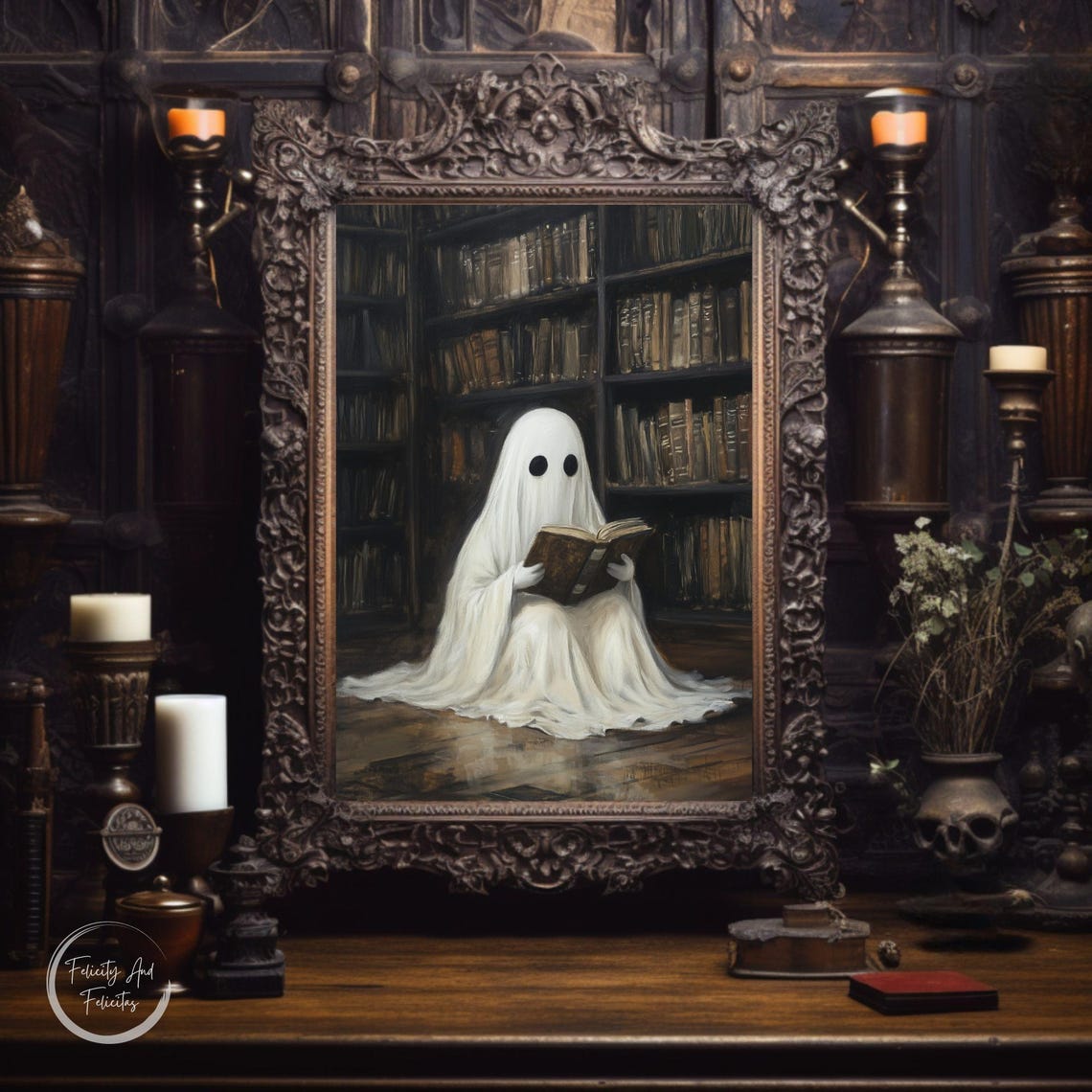 Cute Ghost Reading Book Dark Library Shelves Halloween Wall Art - Image 6