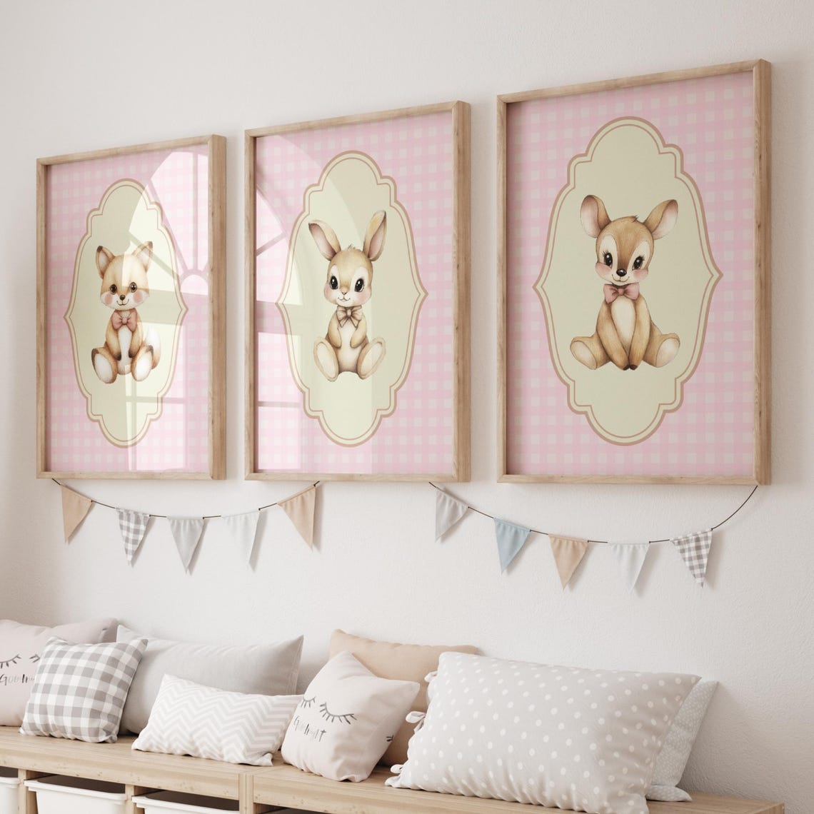 Pink Gingham Nursery Set Cat Bunny Fawn with Bows Girl Room Wall Art