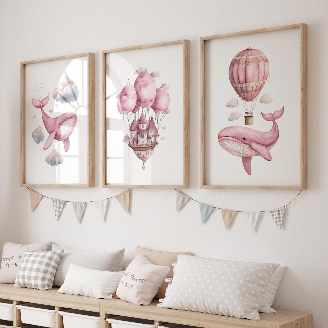 Pink Watercolor Whale Castle Hot Air Balloon Nursery Set of 3 Poster