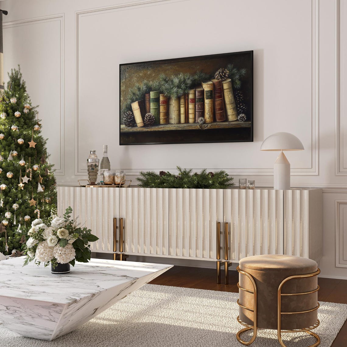 Vintage Bookshelf Old Books Pine Garland Winter Frame TV Art Poster - Image 6