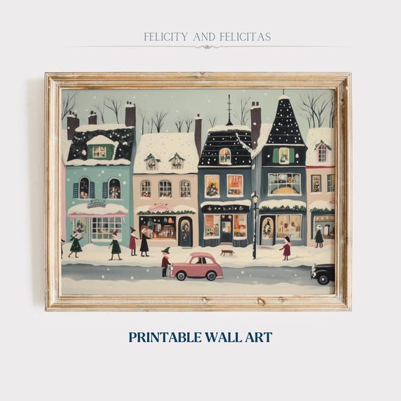 Retro Winter Wall Art Cute Winter Village Vintage Christmas Decor Hello December Print
