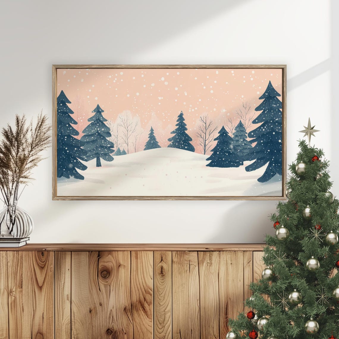 Snowy Pine Forest Peach Sky Falling Snow Christmas Poster Art - Image 5