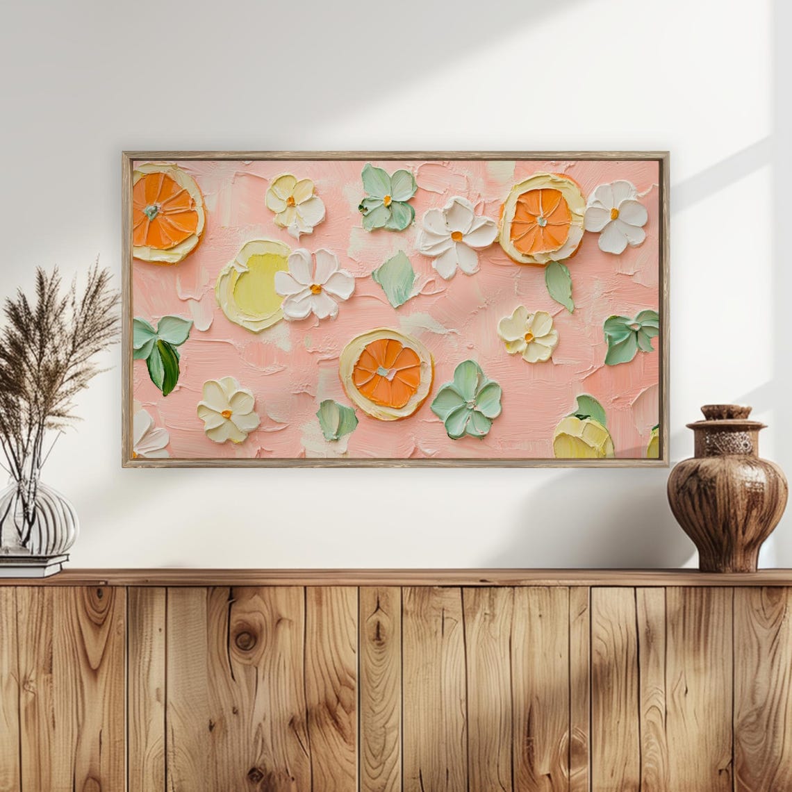 Textured Impasto Pink Citrus Slice Floral Abstract Painting Poster - Image 5