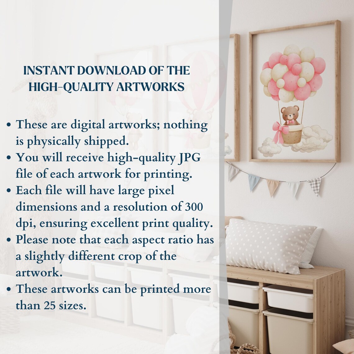 Pink Teddy Bear Hot Air Balloon Nursery Set Girl Room Wall Art - Image 2