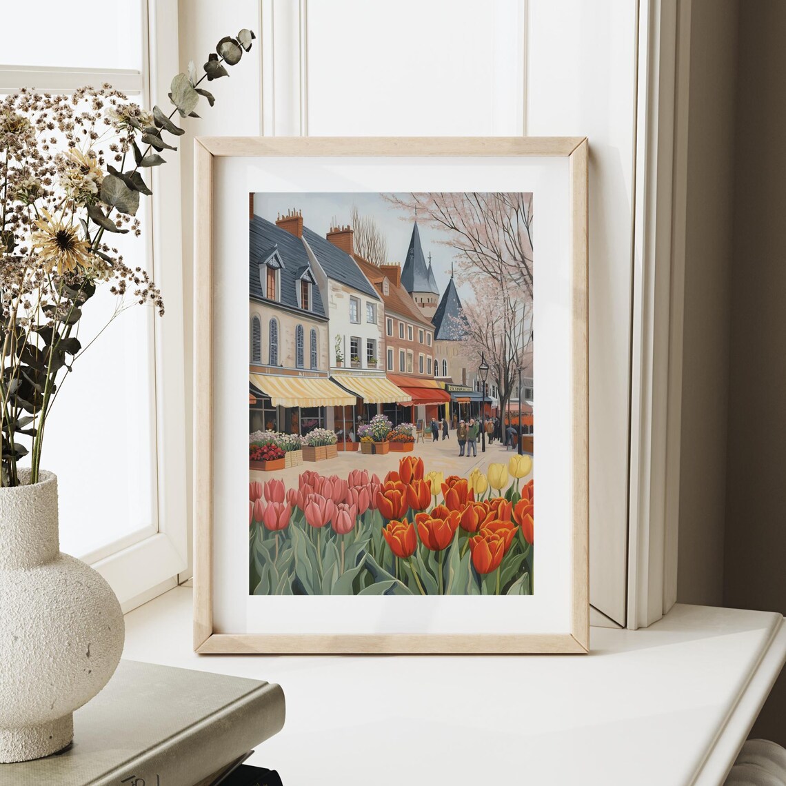 European Flower Shop Street Red Tulips Spring Market Scene Poster - Image 6