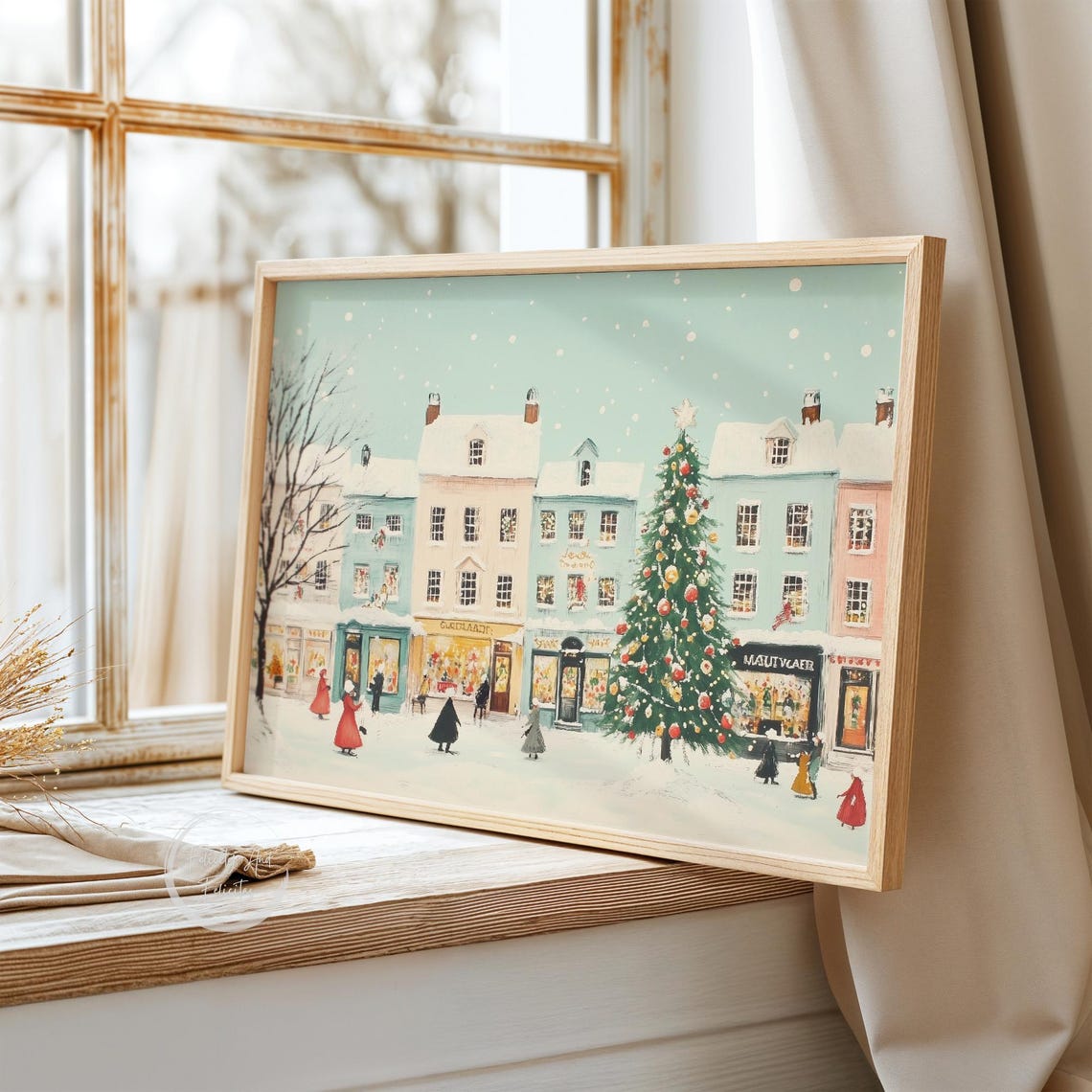Cute Pastel Christmas Shopping Street Snowy Town Scene Poster - Image 3