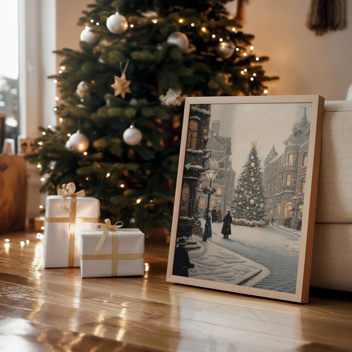 Snowy Christmas Street Vintage Town Tall Tree Winter Night Poster - Image 6