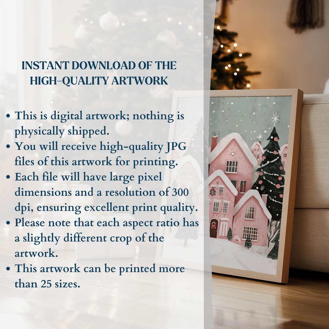 Pink Christmas Village with Decorated Evergreens Snowfall Poster - Image 3