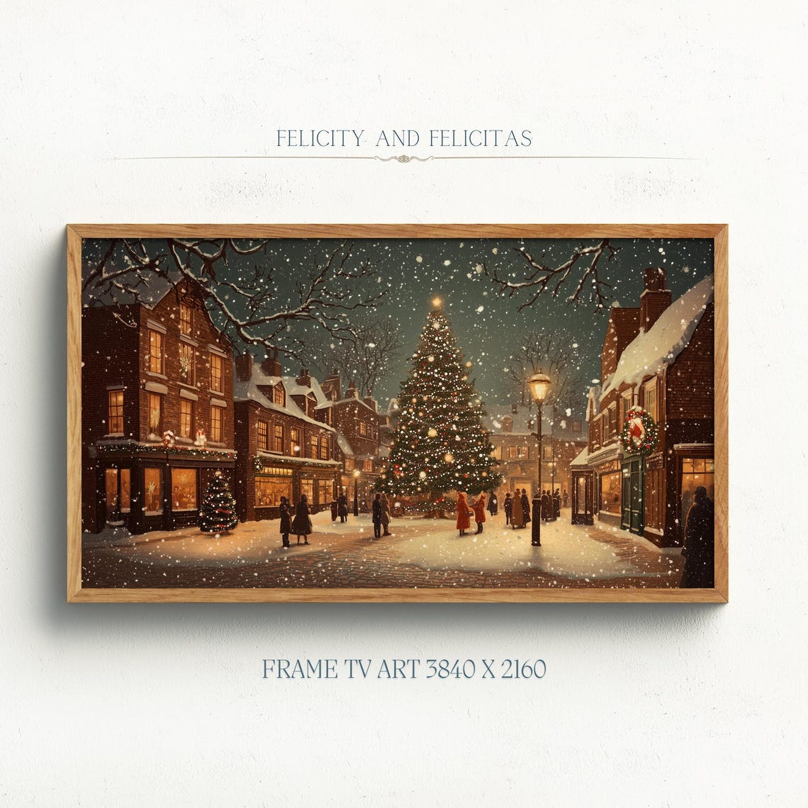 Christmas Eve Town Square Night Lit Tree Carolers Scene Poster