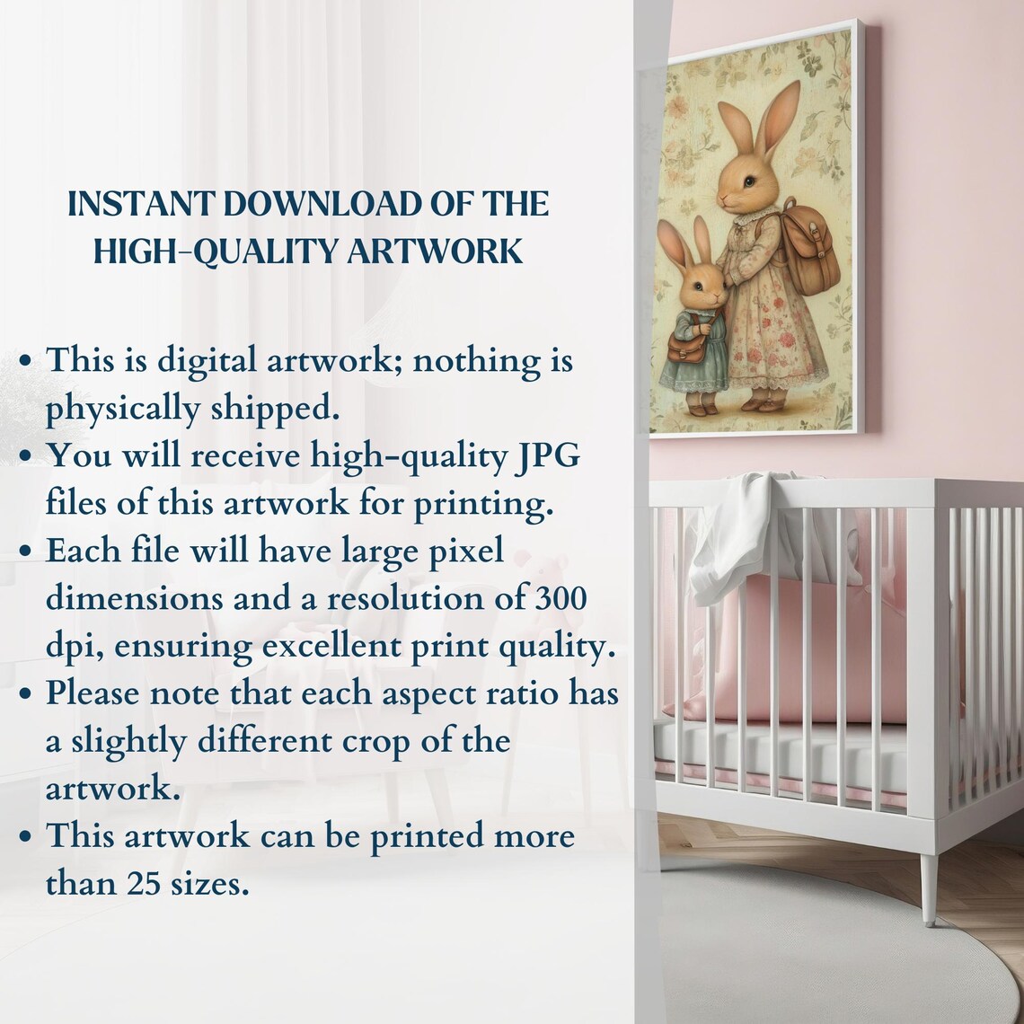 Mother and Child Bunny with Satchels Vintage Floral Nursery Wall Art - Image 2