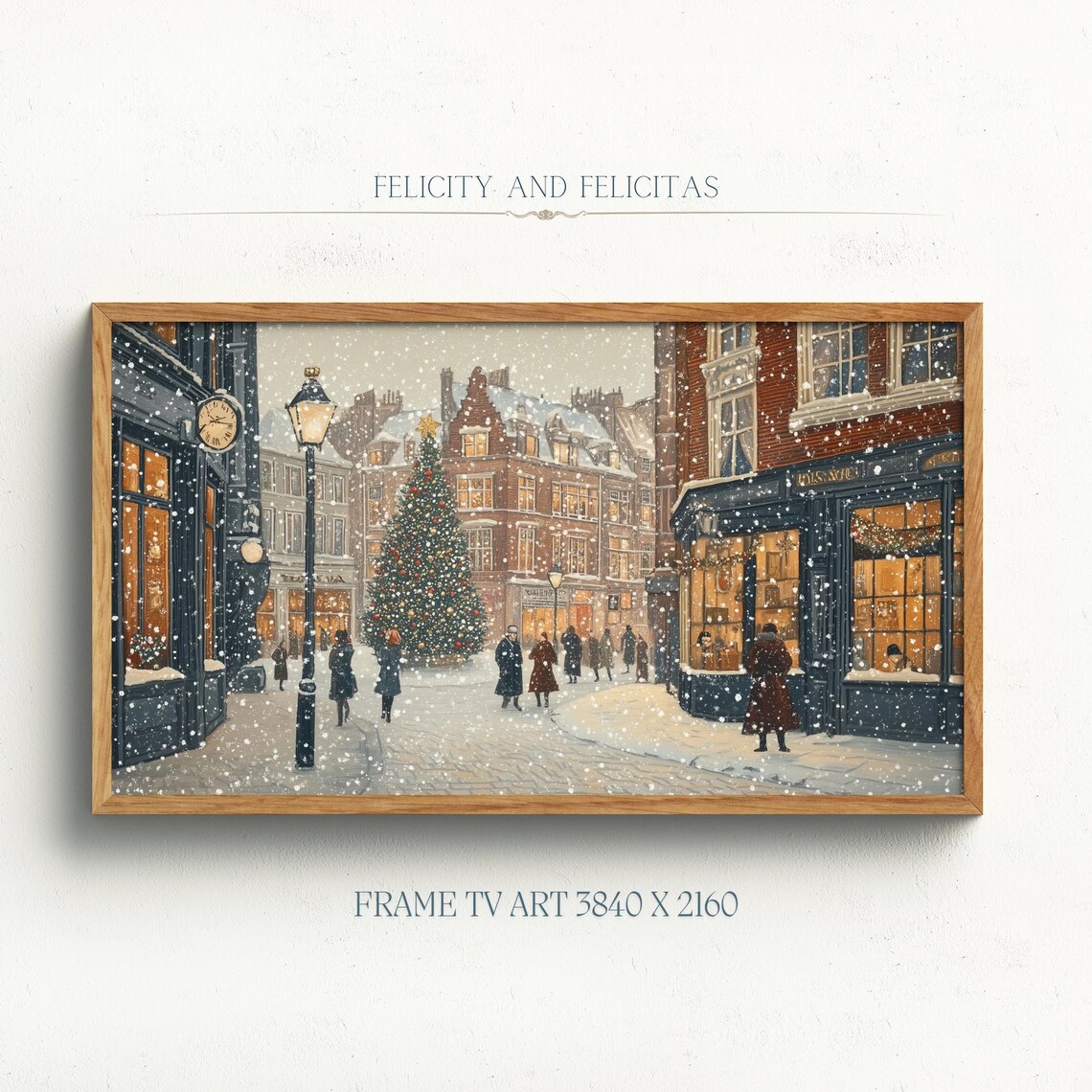 Vintage Snowy Christmas City Street Big Tree Holiday Wall Art