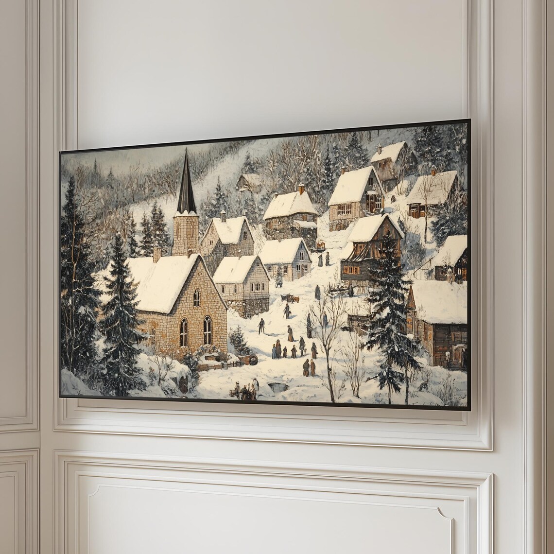 Vintage Snowy Village Church Stone Cottages Winter Art Poster - Image 4