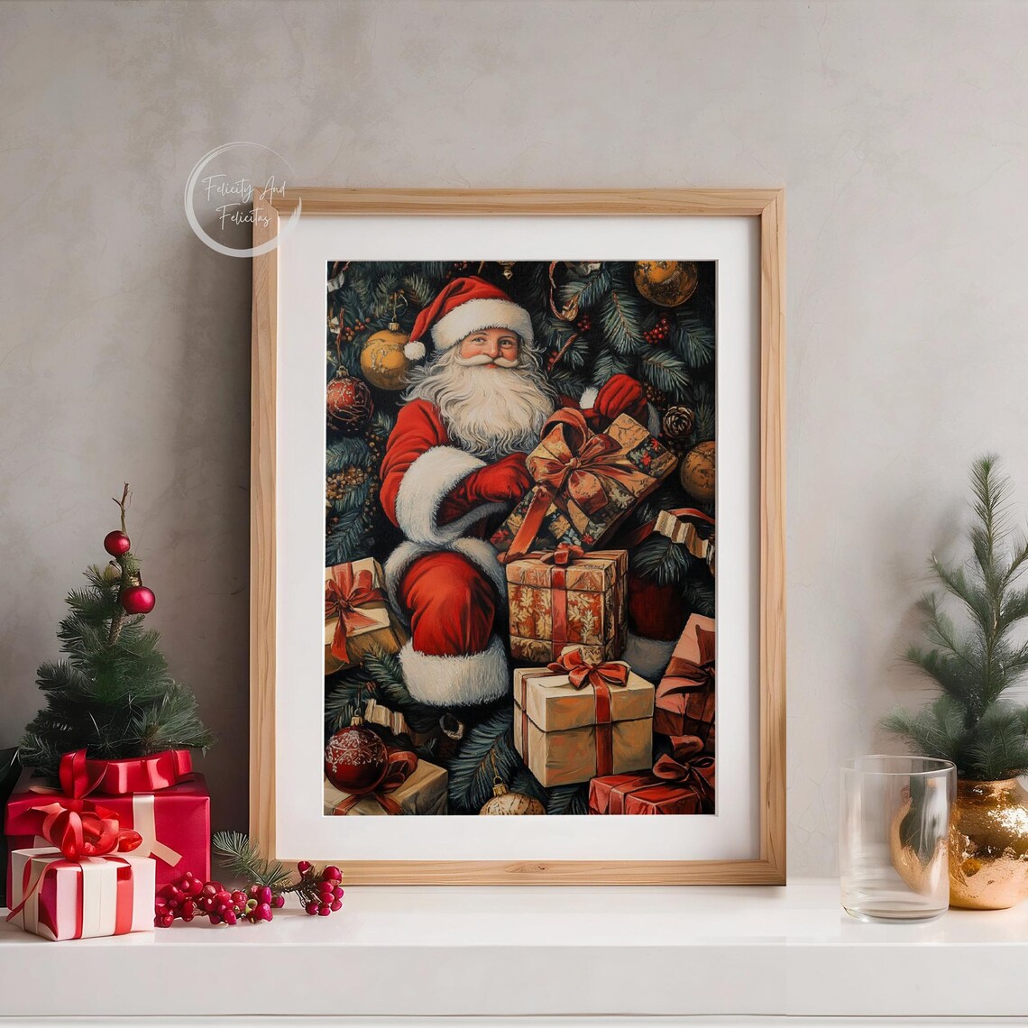 Vintage Santa Claus Gifts Evergreen Branches Holiday Portrait Poster - Image 5
