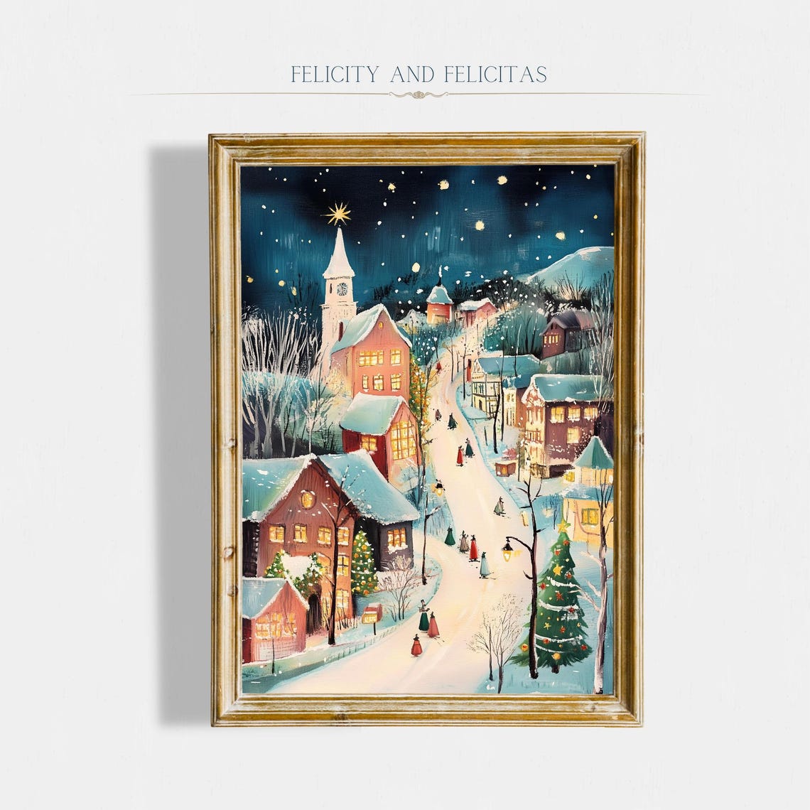 Snowy Christmas Village Night Church Steeple Lights Wall Art