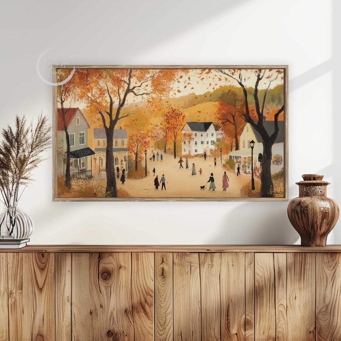 Golden Autumn Village Street Townspeople Fall Trees Scenic Poster - Image 6
