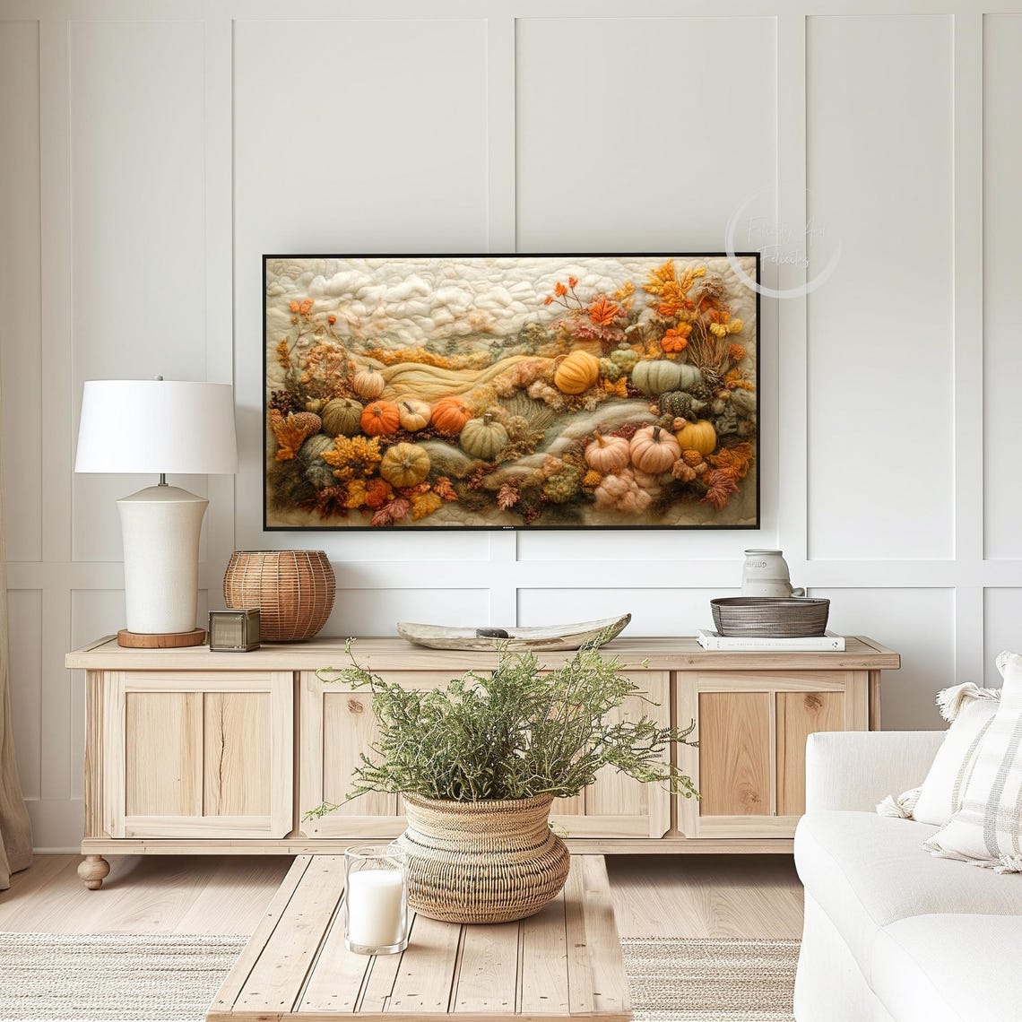 Felt Pumpkin Patch Landscape with Colorful Gourds Autumn Art Poster - Image 3