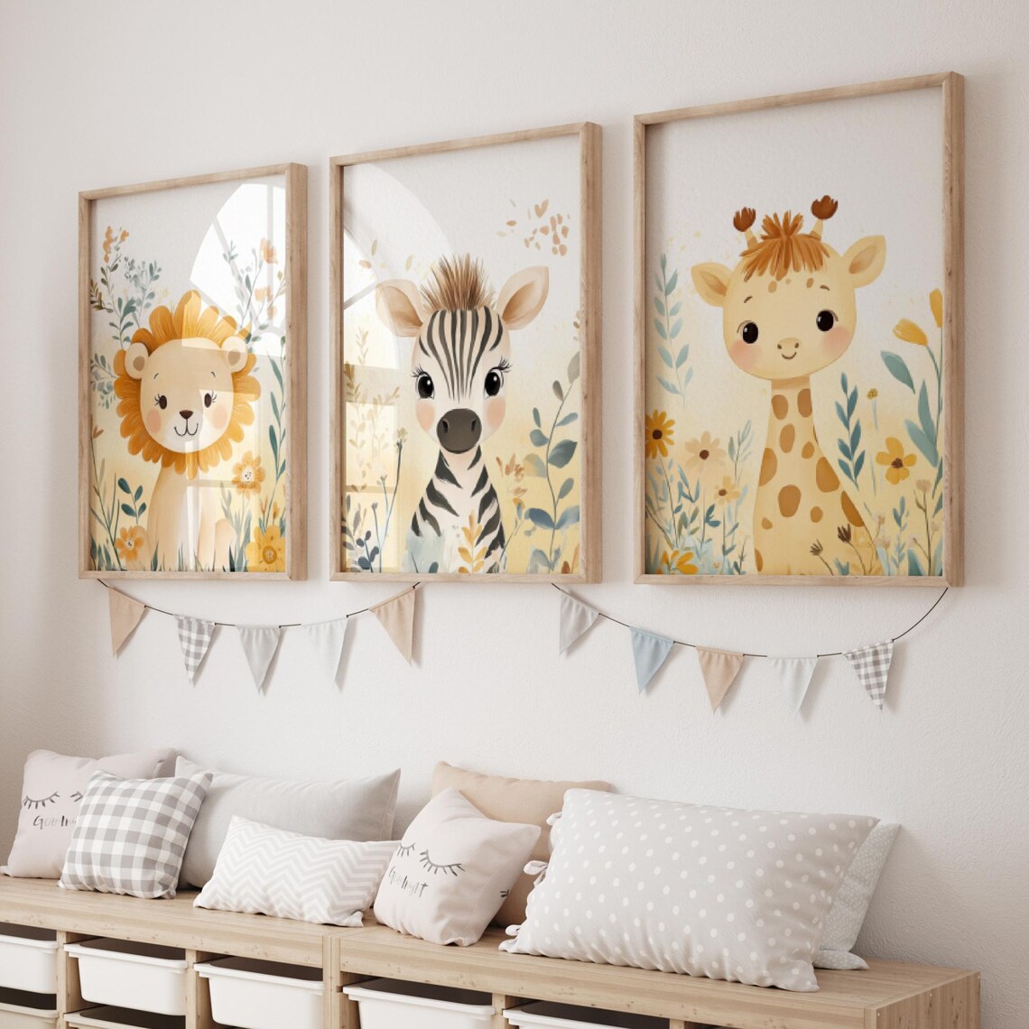 Safari Nursery Set Lion Zebra Giraffe Yellow Floral Kids Wall Art